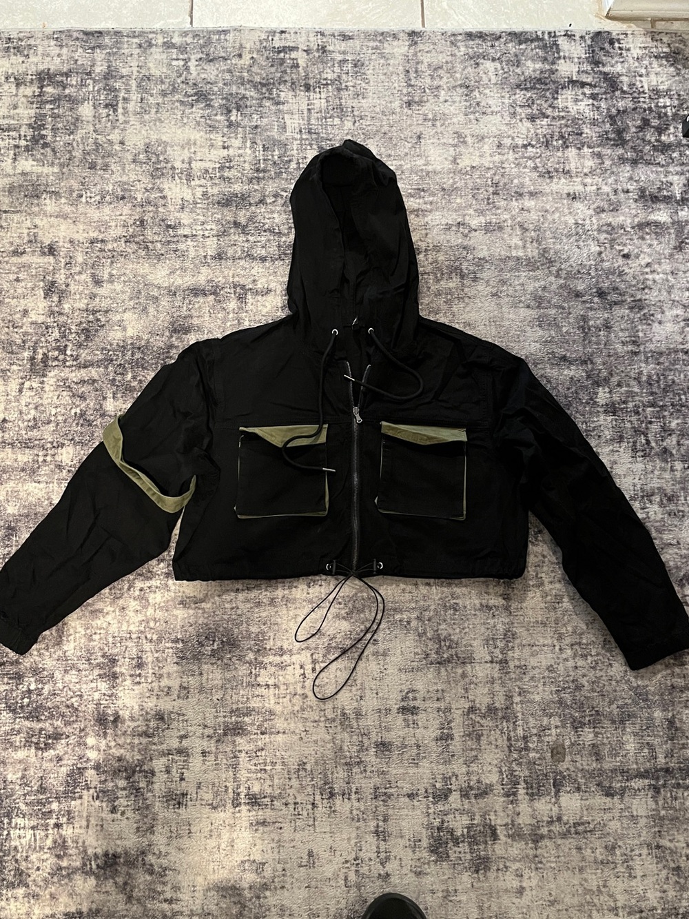 American Bazi Black Hooded Cropped Bomber with Olive Trim